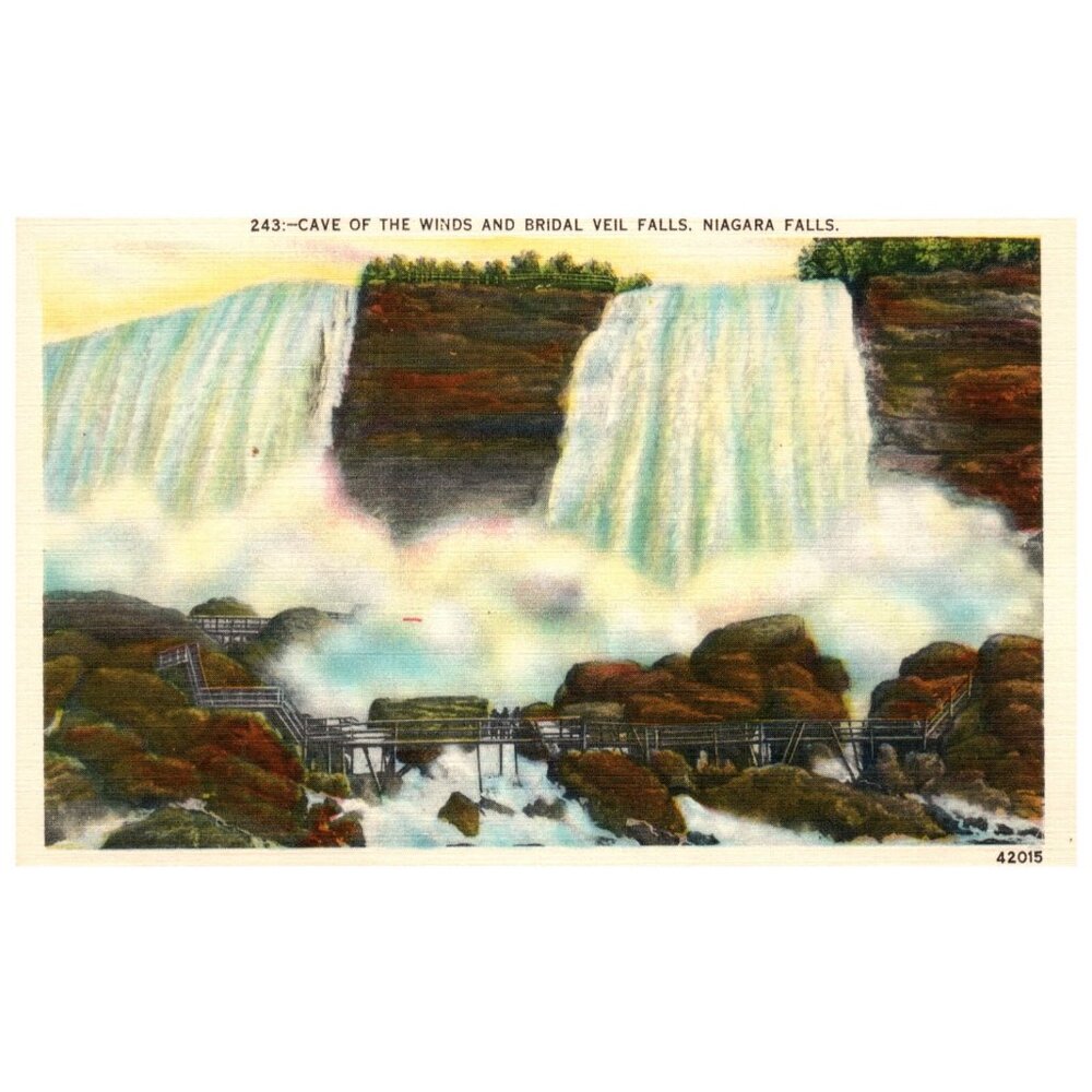 Postcard Chrome era Cave of the Winds & Bridal Veil falls Niagara Falls linen